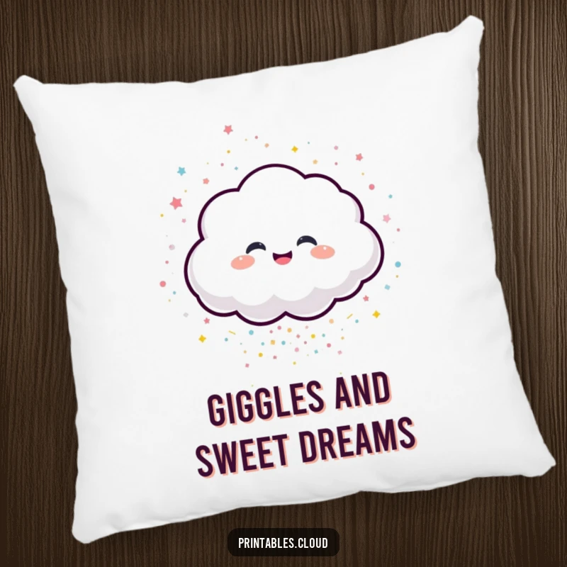 Funny pillow showcasing a giggling cloud character scattering shimmering confetti, designed for festive comfort.