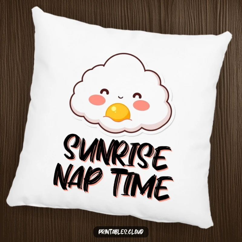 Funny pillow illustration of a rosy-cheeked cloud character delightedly watching a tiny sun rise, perfect for cozying up.