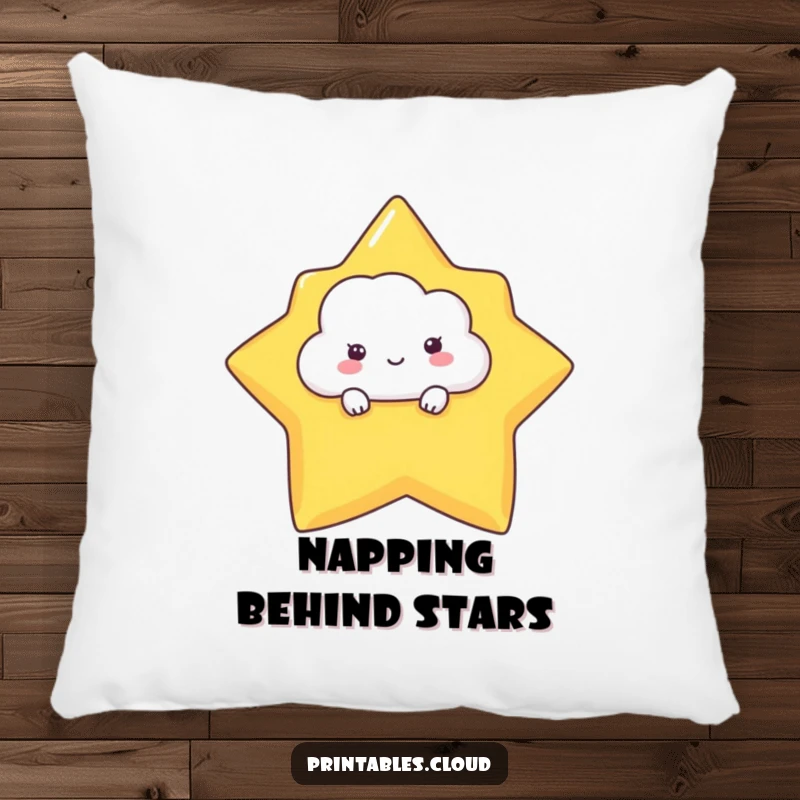 Funny pillow featuring a shy cloud character peeking from behind a star, providing comfort and a cute, humorous accent.