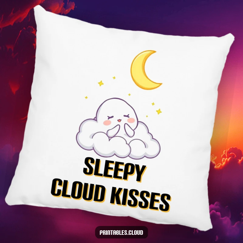 Funny decorative pillow with a cloud character singing a lullaby to a crescent moon, perfect for cozying up and sweet dreams.