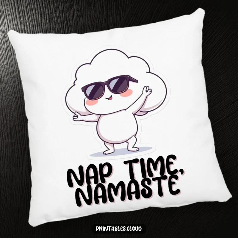 Funny pillow featuring a sunglasses-wearing cloud in a yoga pose, ideal for adding comfort and a relaxing atmosphere.