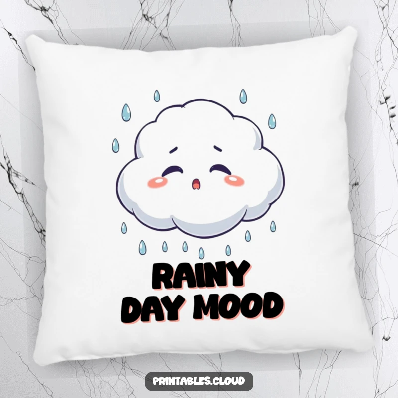 Funny surprised cloud pillow, blinking as raindrops fall, a soft and humorous decor item for seating or beds.