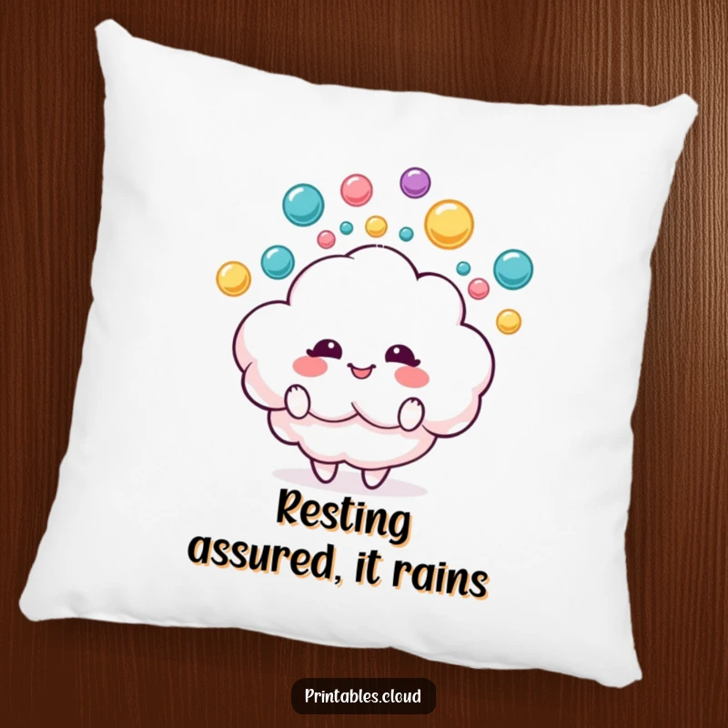Funny pillow with a delighted fluffy cloud character juggling colorful raindrops, offering comfort and a splash of playful joy.