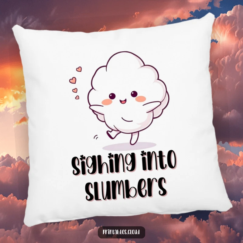 Funny pillow with a dancing cloud character leaving a trail of happy sighs, providing soft comfort and a peaceful, joyful feel.