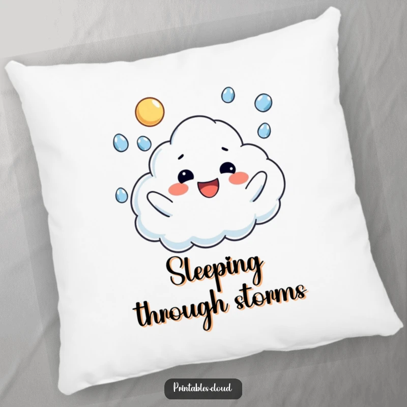 Funny pillow showcasing a happy cloud character juggling raindrops, perfect for adding comfort and cheerful humor.