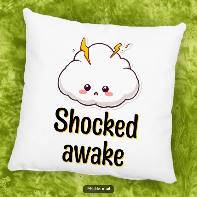 Funny pillow showcasing a surprised cloud with lightning bolts, perfect for adding comfort and electric humor.