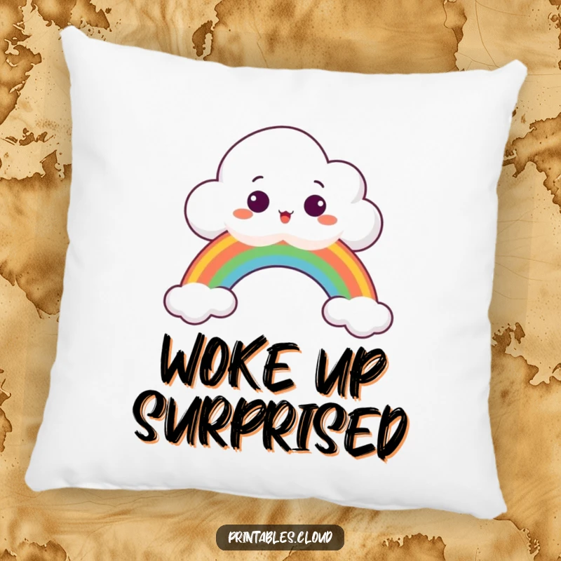 Funny Pillow showcasing a surprised cloud peeking over a bright rainbow, designed for comfort and whimsical delight.