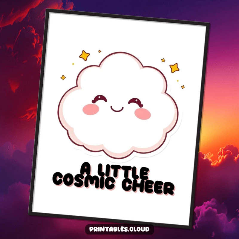 Funny digital art print of a cheerful cloud character in a fit of giggles, showering tiny, luminous stars.