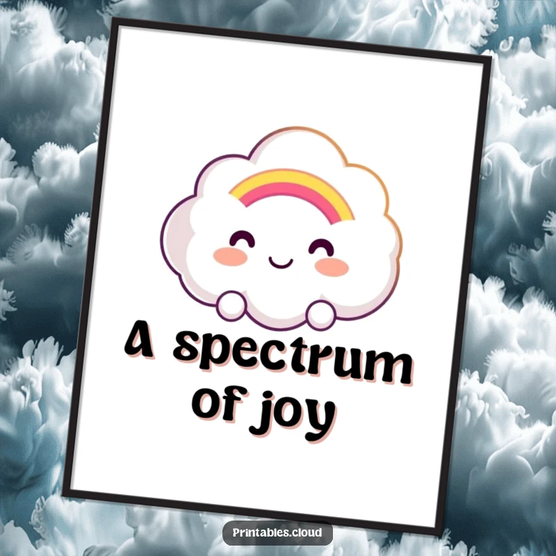 Funny digital art print of a smiling cloud character offering a soft, glowing rainbow, perfect for adding cheerful and optimistic decor.