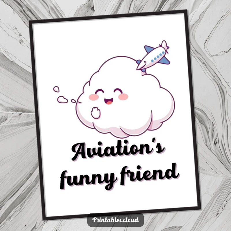 Funny Digital Art: A giggling cloud tickles an airplane with mist, ready to be printed for whimsical decor.