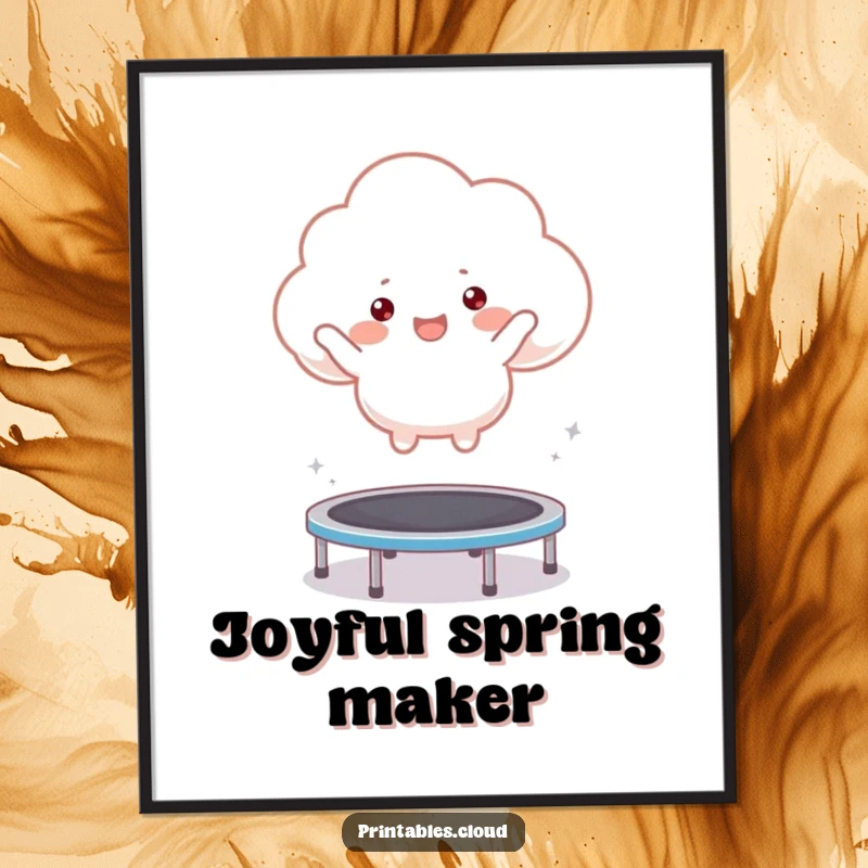 Funny digital art print of a delighted cloud character joyfully bouncing on a trampoline, radiating fun.