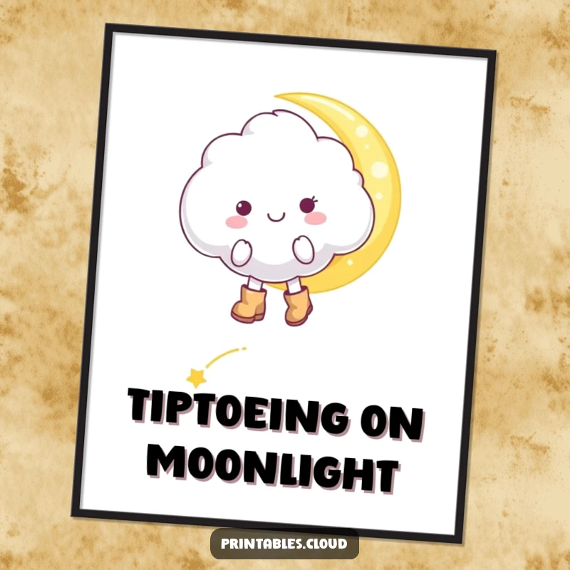 Funny cheerful cloud character, in tiny boots, tiptoeing on a moonbeam, digital art print, instant whimsical decor.