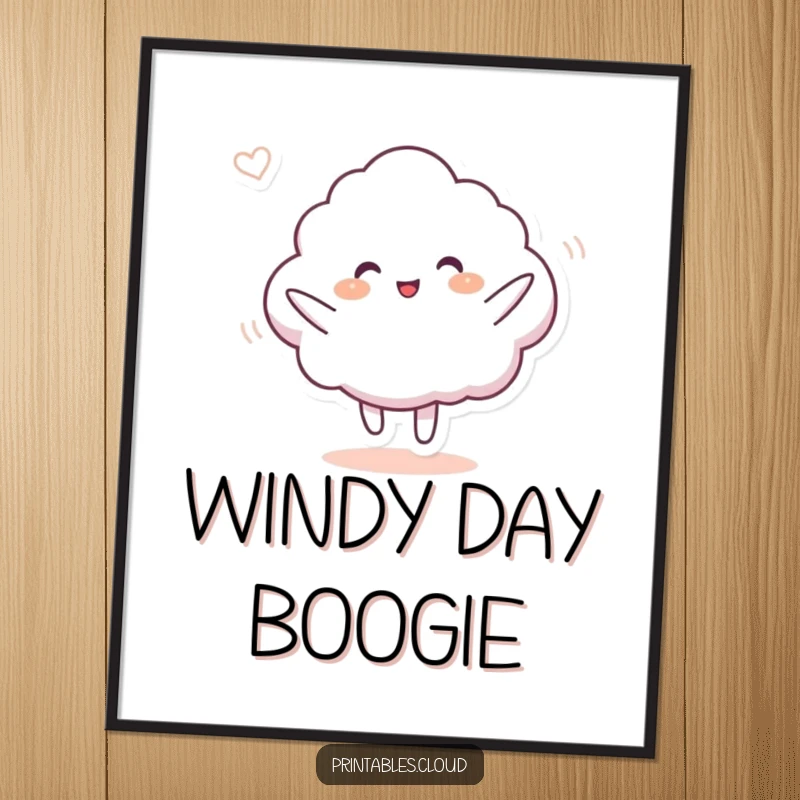 Funny digital art print of a cloud character doing a silly dance in a gentle breeze, capturing carefree joy and whimsical movement.