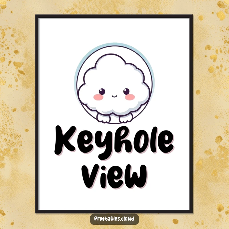 Funny digital art print of a curious cloud character peeking through a keyhole shape, offering instant whimsical intrigue.