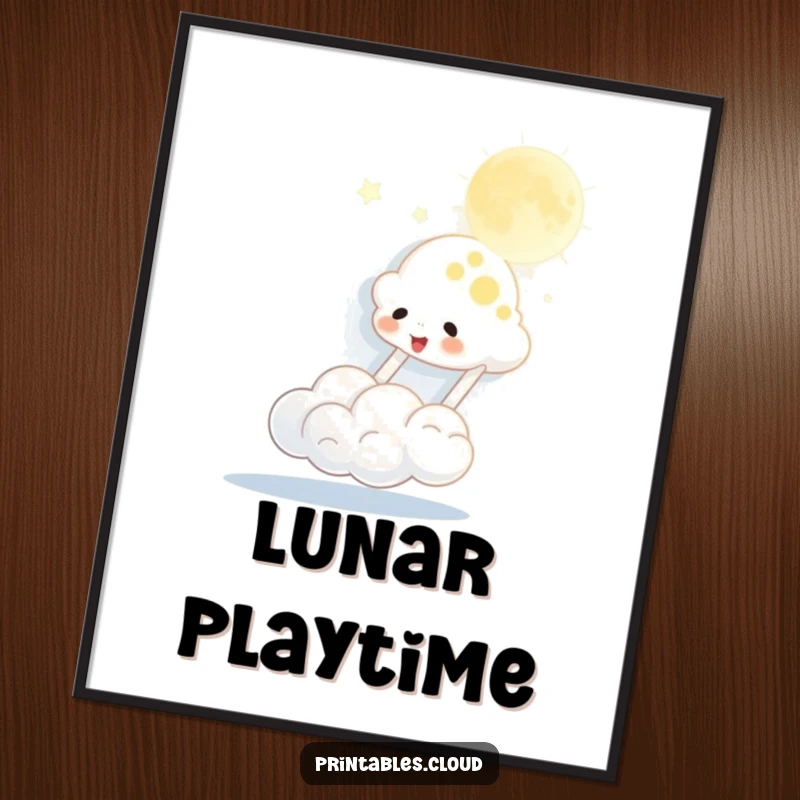 Funny digital art print of a cloud character bouncing the moon like a ball, offering instant whimsy and laughter.