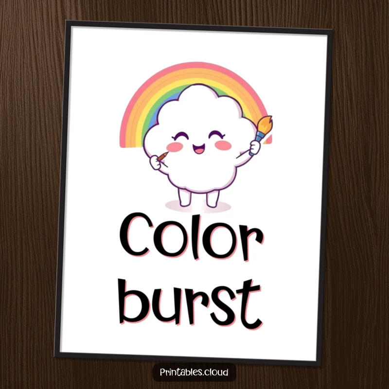 Funny digital art print of a cloud painting a rainbow, vibrant and cheerful artwork, humorous artistic decor gift.