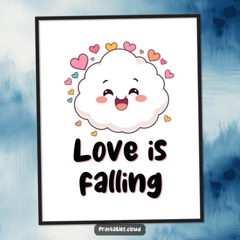 Funny digital art print of a fluffy cloud character grinning immensely while joyfully raining colorful heart shapes.