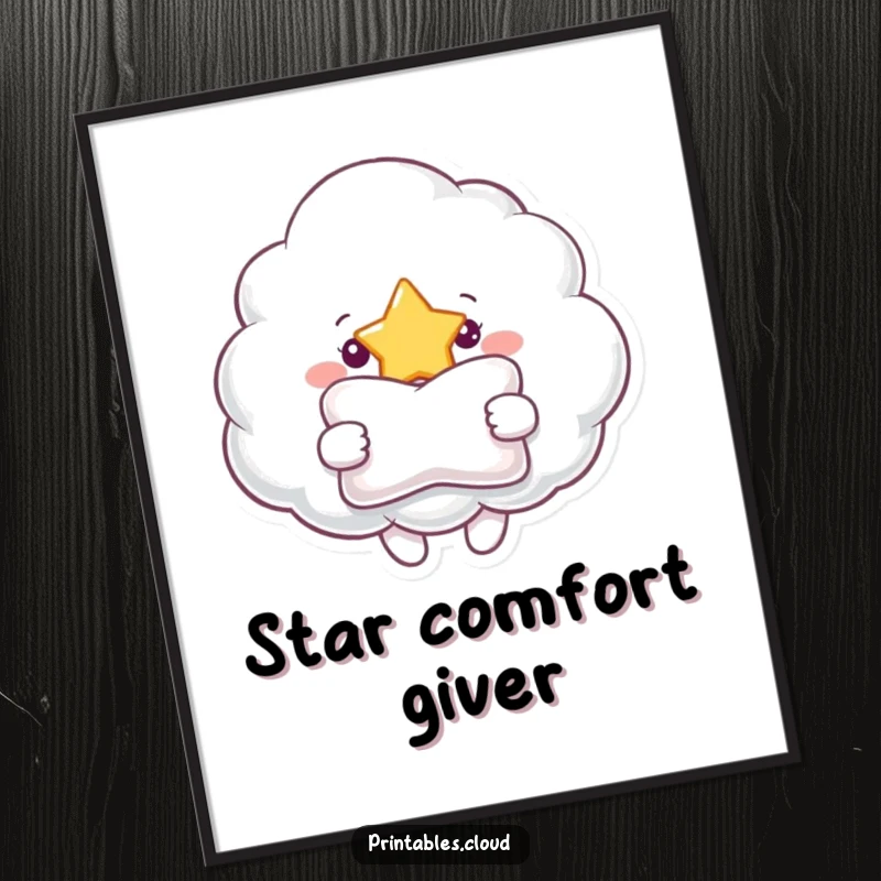 Funny digital art print featuring a cheerful cloud character offering a fluffy pillow to a bright star, symbolizing comfort and care.