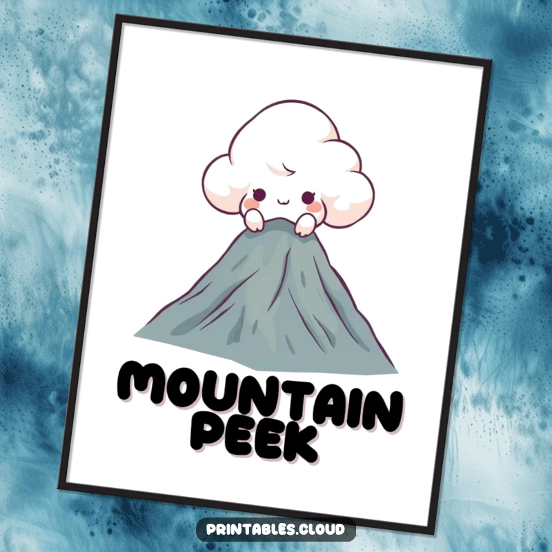 Funny curious cloud digital art print, peeking over a mountaintop, a humorous and easily accessible artwork for adventurers.