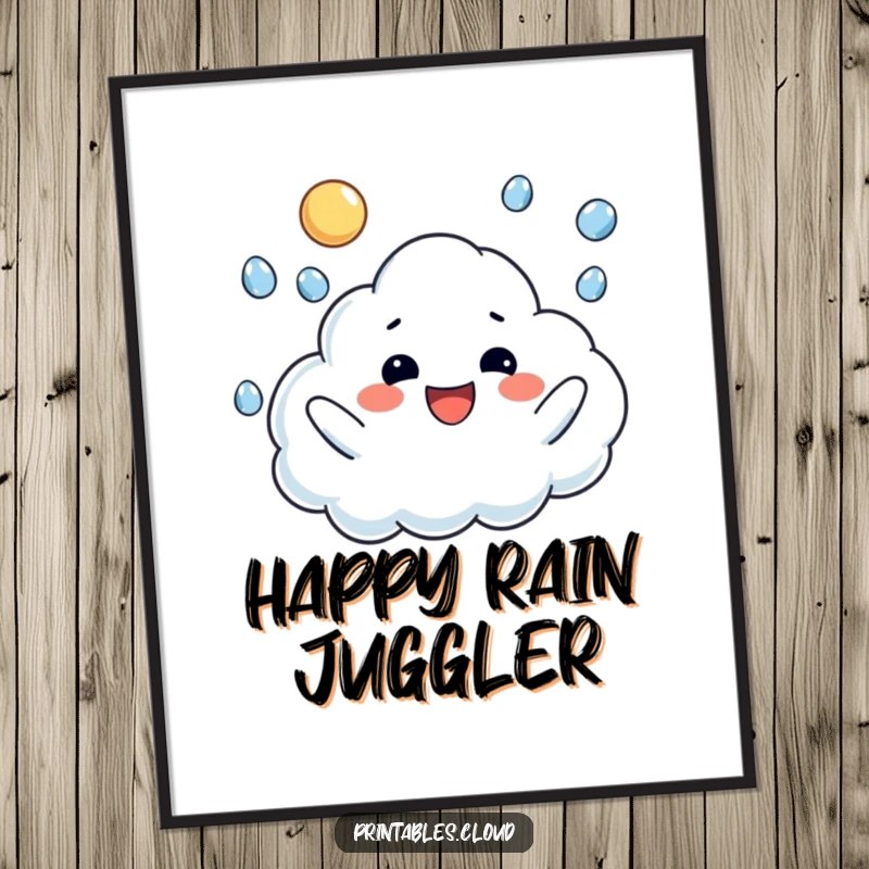 Funny digital art print of a happy cloud character joyfully juggling raindrops, perfect for whimsical decor.