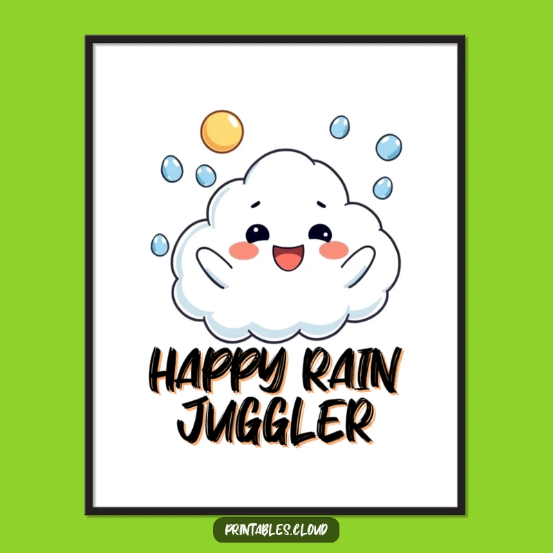 Funny Raindrop Juggling Cloud Digital Art: Instant Download of Joyful Showers