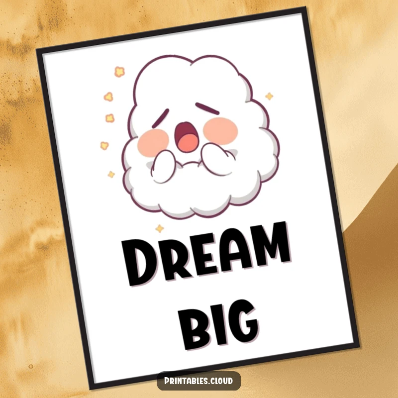 Funny Digital Art Print: A sleepy cloud character yawns, creating a soft trail of glowing dust, a whimsical and humorous instant download.