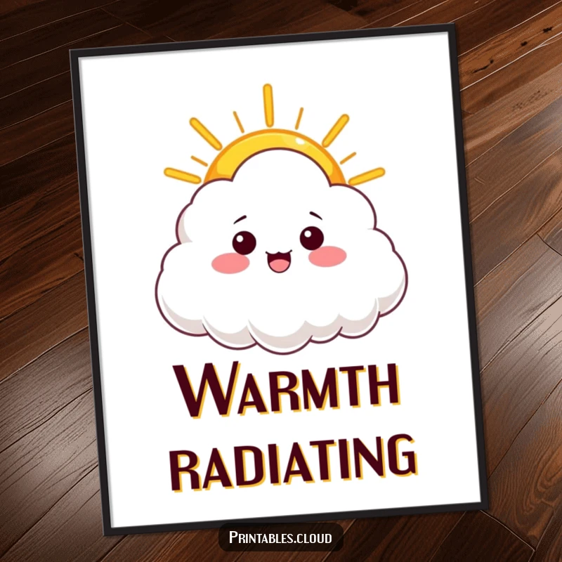 Funny digital art print of a cloud character offering a warm ray of sunshine, radiating hope, happiness, and cheerful humor.