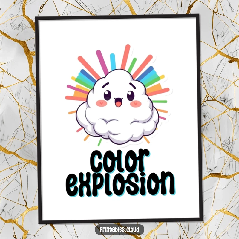 Funny digital art print of a surprised cloud character bursting with a rainbow, perfect for instant colorful decor.