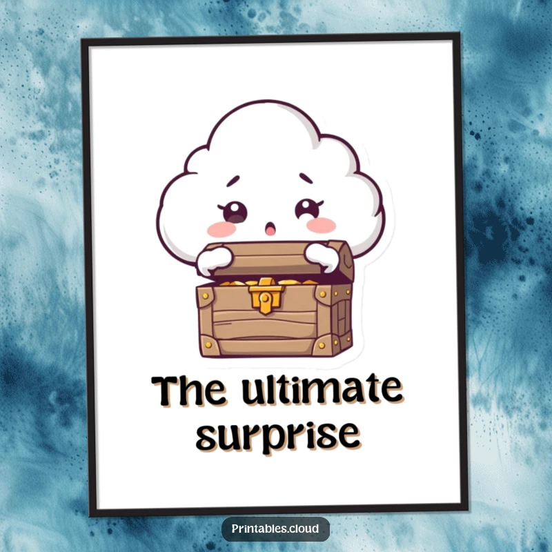 Funny digital art print of a cloud character with wide, astonished eyes, opening a treasure chest brimming with riches.