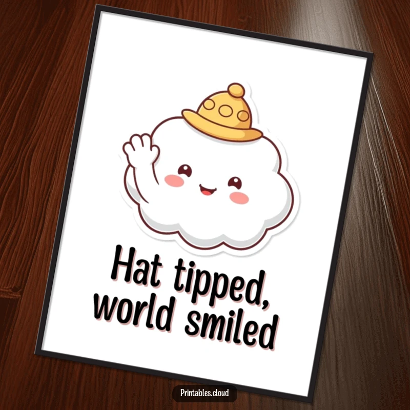 Funny digital art print of a cloud character wearing a small hat and waving a warm, inviting hello.