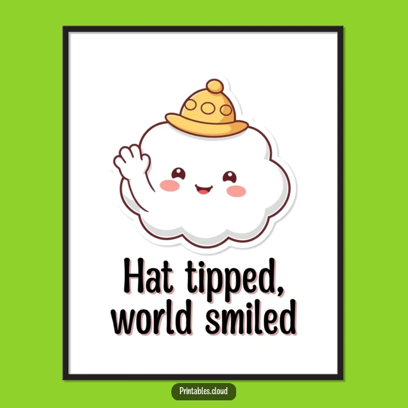 Funny Waving Cloud Hat Digital Art - Friendly Character Instant Download Gift