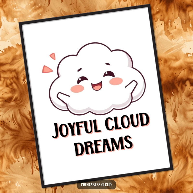 Funny digital art print featuring a joyful cloud character in a peaceful pose, exhaling a happy sigh, radiating calm.