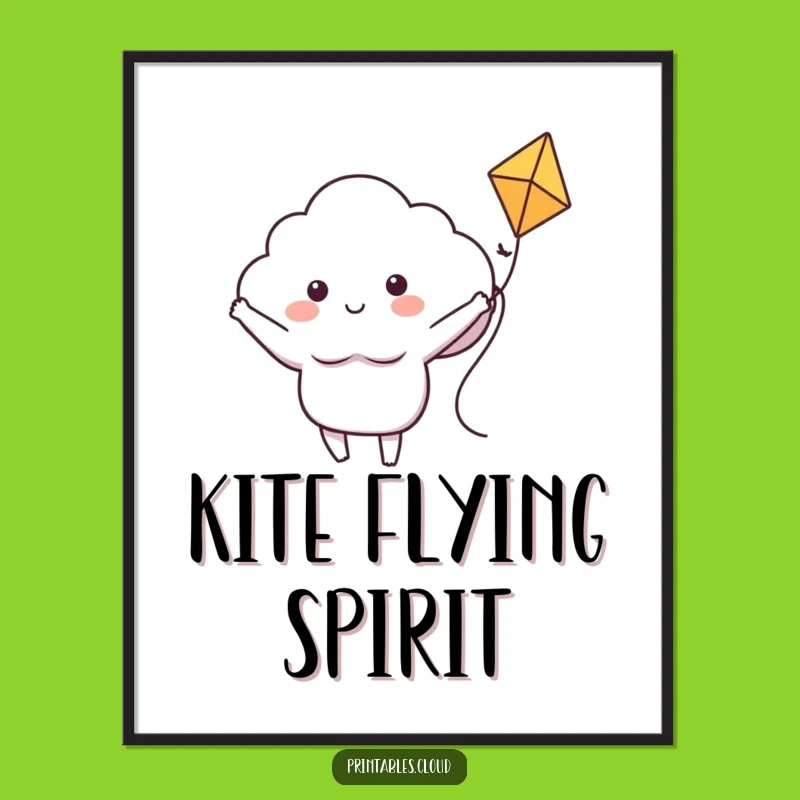 Funny Cloud Kite Rider Digital Print - Instant Whimsical Wall Art