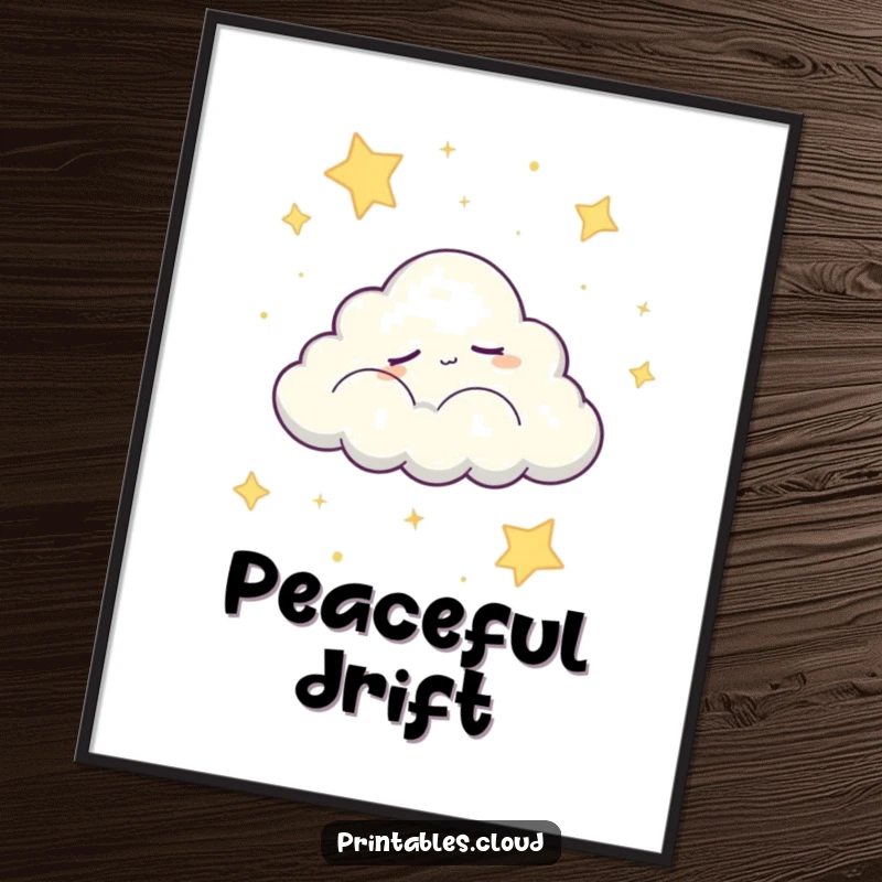Funny digital art print of a sleepy cloud character peacefully drifting across a starry night sky, a humorous and tranquil scene.