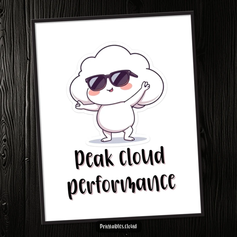 Funny digital art of a cool cloud character wearing sunglasses and performing a yoga pose, perfect for serene decor.