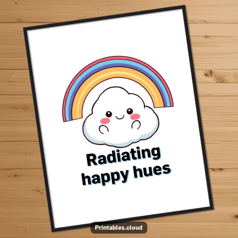 Funny happy cloud floating with rainbow arching over it digital art print, cheerful illustration, vibrant humor, perfect funny gift.