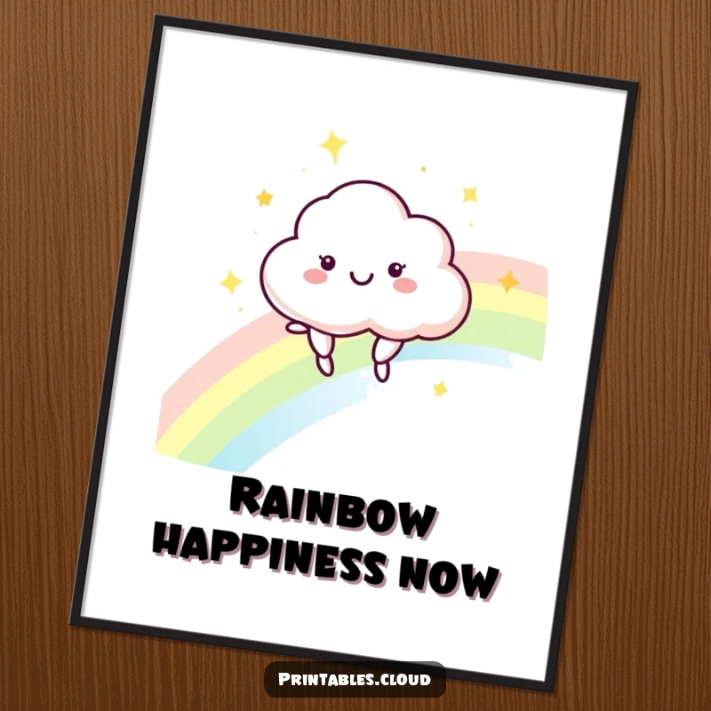 Funny Cloud Digital Art: A happy cloud character playfully bouncing on a rainbow, rendered for instant download.