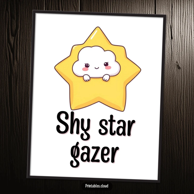 Funny digital art of a shy cloud character peeking from behind a large star, ideal for printable decor and digital backgrounds.