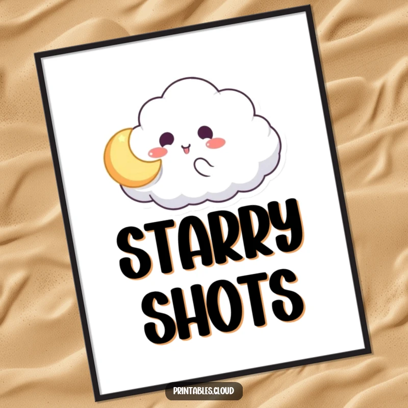 Funny digital art print of a cloud character playing catch with a glowing moon, instant whimsical wall decor, humorous celestial artwork.