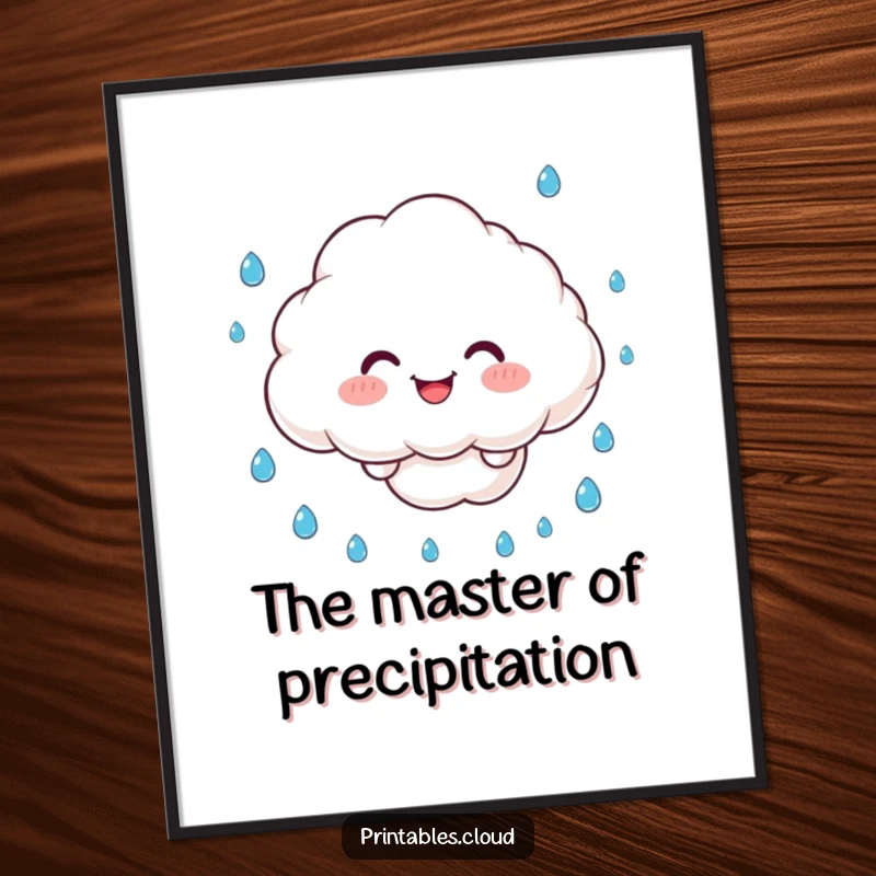 Funny Digital Art: A smiling cloud character juggles raindrops, ready for cheerful wall decor.