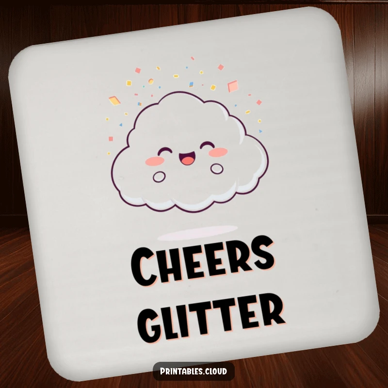 Funny Coaster: A joyful cloud character showers light particles as confetti, offering humorous protection for surfaces.
