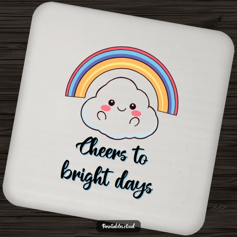 Funny happy cloud floating with rainbow arching over it drink coaster, cheerful art, practical humor, excellent funny gift.
