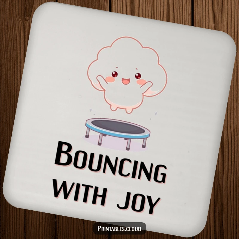 Funny drink coasters featuring a fluffy cloud character joyfully bouncing on a trampoline, adding playful energy.