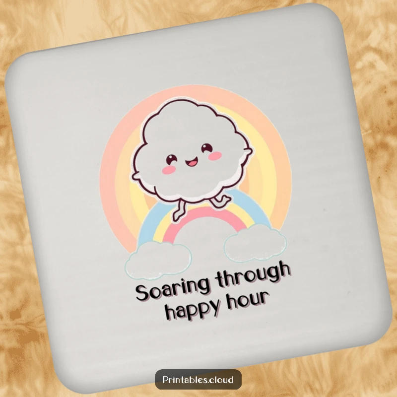 Funny drink coaster with a leggy, joyful cloud character bouncing on a vibrant rainbow, protecting surfaces with cheer.