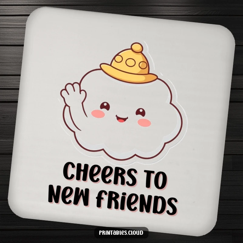 Funny drink coaster with a cloud character wearing a tiny hat, offering a cheerful and friendly wave hello.
