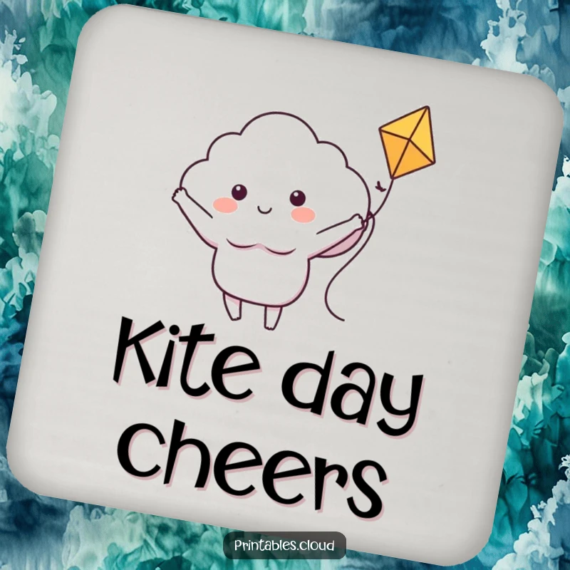 Funny coaster art depicting a happy cloud character riding a kite with arms wide, bringing cheerful protection to tabletops.