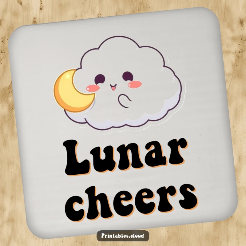 Funny coaster art of a cloud character playing catch with a glowing moon, whimsical protection for drinks, humorous household gift.