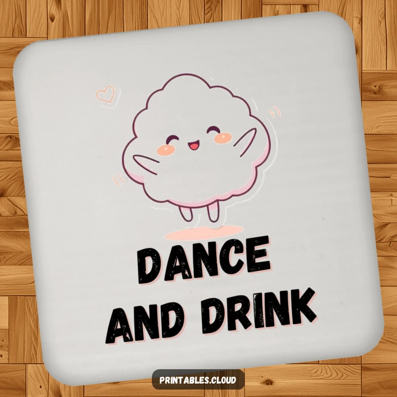 Funny drink coaster with a cloud character doing a silly dance in a gentle breeze, bringing playful energy and humor to any surface.