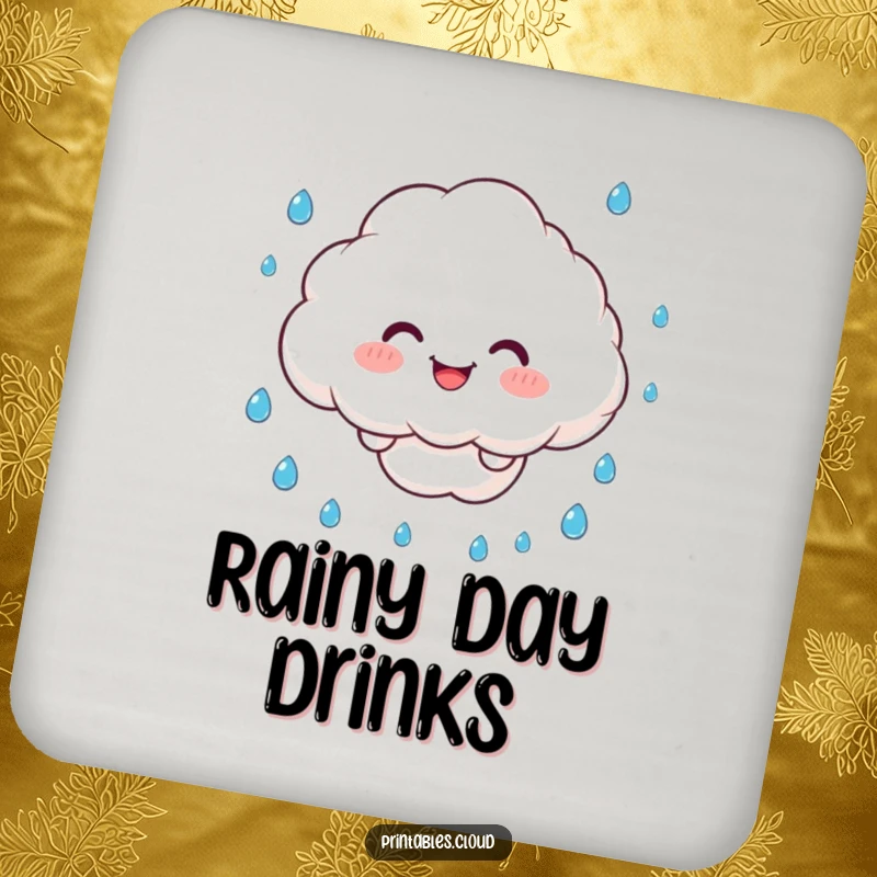 Funny Coaster: A smiling cloud character juggles raindrops, a humorous and protective surface accent.