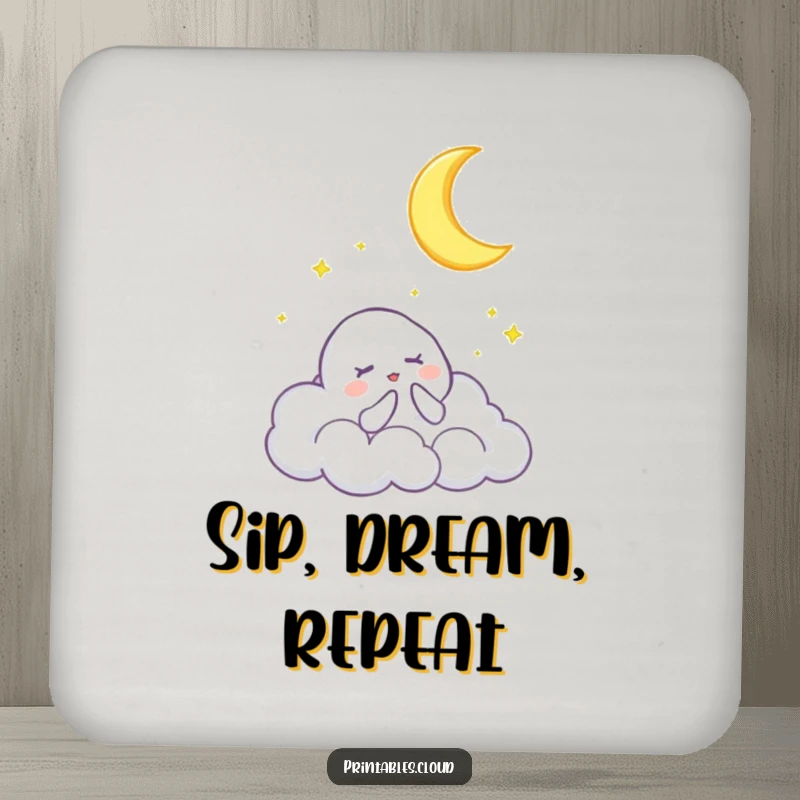 Funny drink coaster with a cloud character singing a lullaby to a crescent moon, bringing nighttime magic and humor to your table.